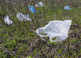 Plastic bags dumped in the meadow contaminate environment