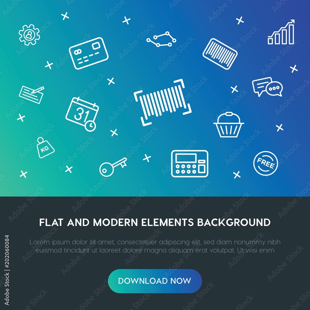 Poster business, charts, time, shopping outline vector icons and elements background concept on gradient ba