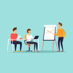 Business training, Courses, office life, meeting. Flat design vector illustration.