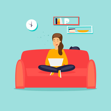 Girl freelancer working on the couch. Flat design vector illustration.