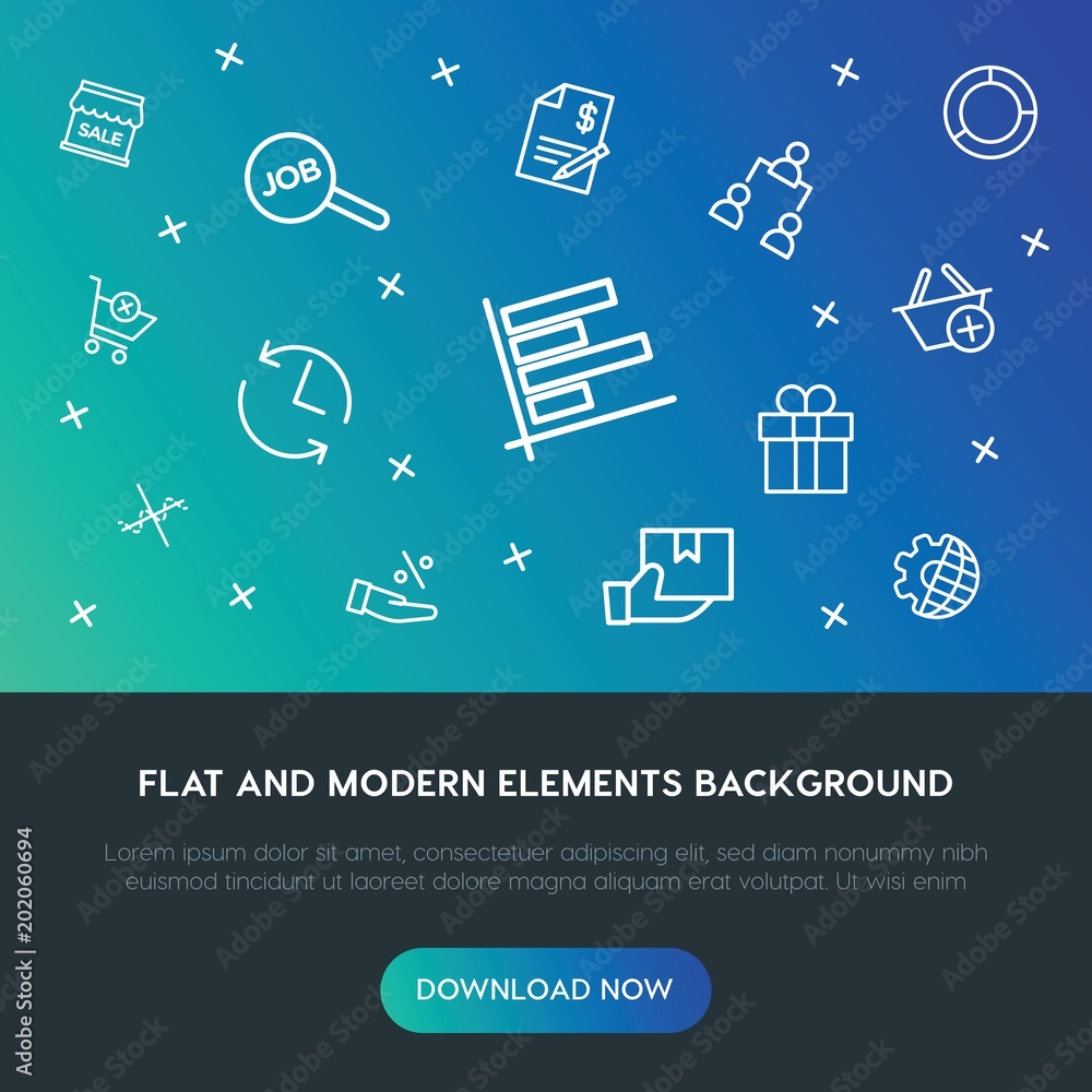 Poster business, charts, time, shopping outline vector icons and elements background concept on gradient ba