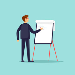 Businessman writing on paper plan. Training, supervisor. Flat design vector illustration.
