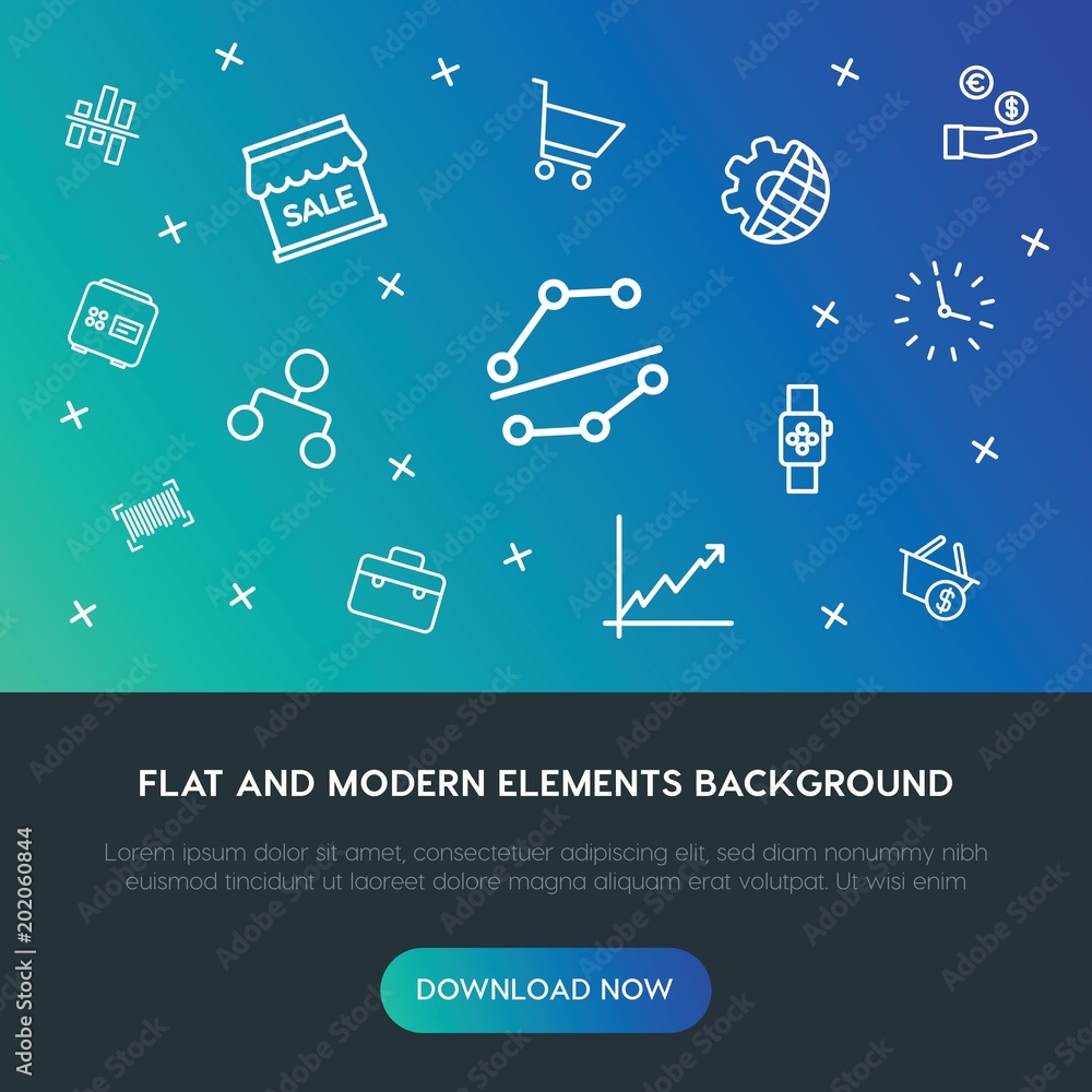 Poster business, charts, time, shopping outline vector icons and elements background concept on gradient ba