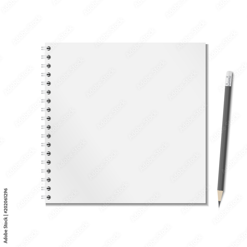 Poster open blank realistic notepad notebook with spiral and black pencil are on white background.