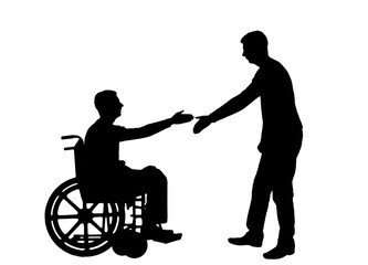 Vector silhouette employer intends to shake hands with a man in a wheelchair