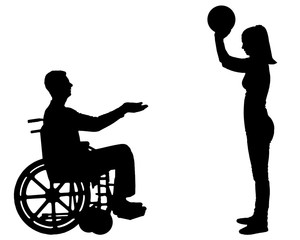 Fototapeta na wymiar Vector silhouette of a disabled man in a wheelchair and his wife playing togethe