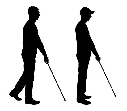 Vector silhouette of a blind disabled man with a cane in his hand