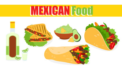 Vector illustration of traditional Mexican food, label on white background. Mexican ethnic cuisine, tacos, guacamole, sambuca, menu design elements in flat style.