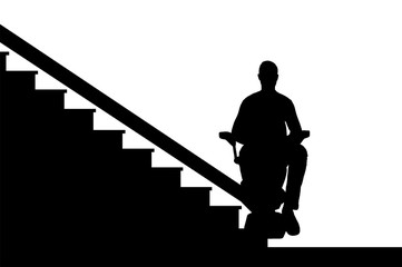 Silhouette vector Disabled person climbs on elevator for disabled on stairs