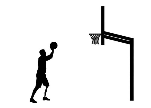 Silhouette vector of a disabled man with a leg prosthesis intends to throw the ball into the basket