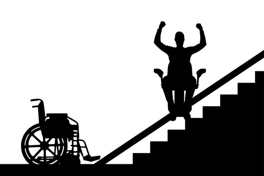 Silhouette vector Happy disabled person climbs on elevator for disabled on stairs