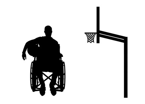 Silhouette vector of a disabled basketball player in a wheelchair holding the ball in his hand