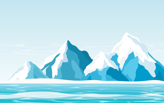 Vector illustration of snow mountains with ice, ocean and light sky background in flat style.