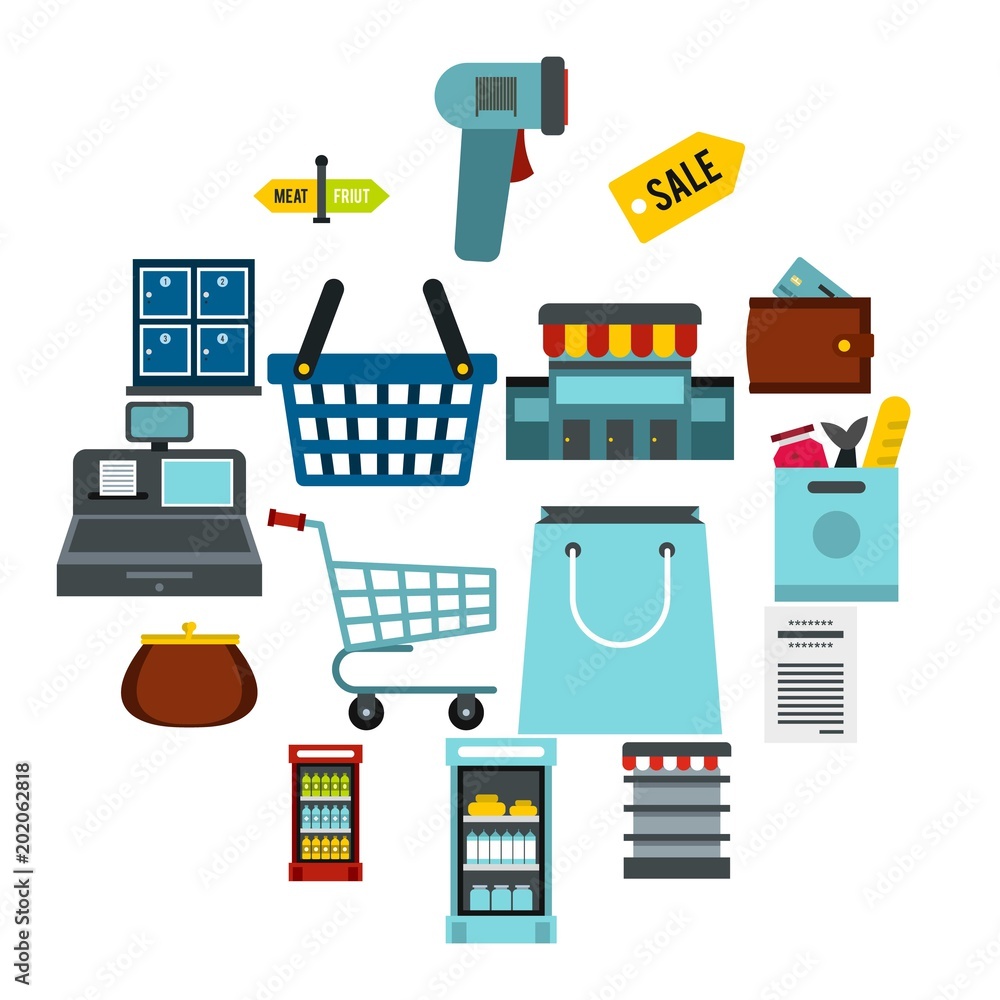 Poster flat supermarket icons set. universal supermarket icons to use for web and mobile ui, set of basic s