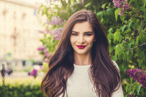 Smiling Woman Outdoors Cheerful Model Brunette With Makeup