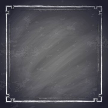 Vintage chalkboard background with square chalk frame, old black board. Vector illustration.