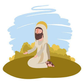 Jesus christ on knees praying biblical scene vector illustration design