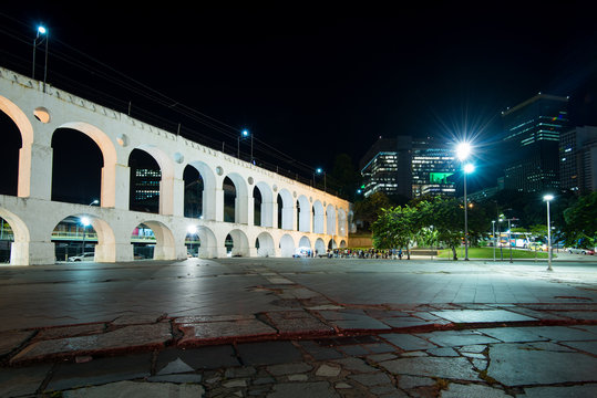 Famous Lapa Arches, Also Known as Carioca Aqueduct, at Night in Rio de Janeiro, Brazil