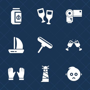 Premium set with fill icons. Such as sea, glass, lighthouse, travel, sail, wineglass, brush, kid, photo, roller, cute, sailboat, child, sweet, camera, vacation, ocean, equipment, wine, wind, container