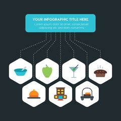 Flat geometric food, hotel, drinks infographic steps template with 7 options for presentations, advertising, annual reports