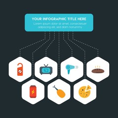 Flat geometric food, hotel, drinks infographic steps template with 7 options for presentations, advertising, annual reports