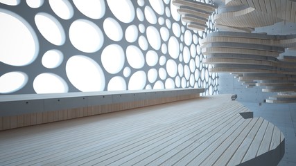 Abstract  concrete and wood parametric interior  with window. 3D illustration and rendering.