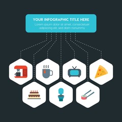 Flat geometric food, hotel, drinks infographic steps template with 7 options for presentations, advertising, annual reports