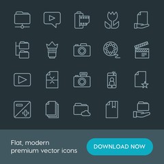 Modern Simple Set of folder, video, photos, files Vector outline Icons. Contains such Icons as camera,  cloud,  document, message,  vintage and more on dark background. Fully Editable. Pixel Perfect.