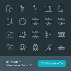 Modern Simple Set of folder, video, photos, files Vector outline Icons. Contains such Icons as  document,  photo,  phone,  paper,  icon,  cd and more on dark background. Fully Editable. Pixel Perfect.