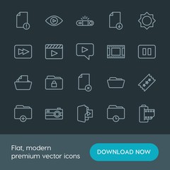 Modern Simple Set of folder, video, photos, files Vector outline Icons. Contains such Icons as  film,  view, video,  computer,  movie,  add and more on dark background. Fully Editable. Pixel Perfect.