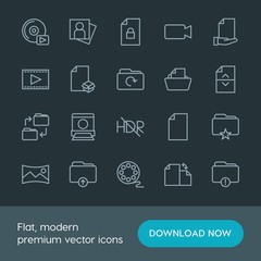Modern Simple Set of folder, video, photos, files Vector outline Icons. Contains such Icons as player, box,  nature, security,  web, star and more on dark background. Fully Editable. Pixel Perfect.