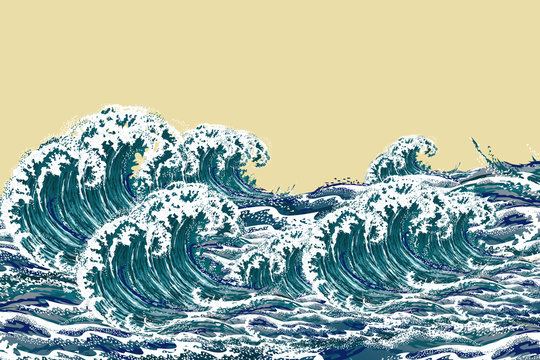 Sea waves. Hand drawn realistic illustration in oriental vintage ukiyo-e style.