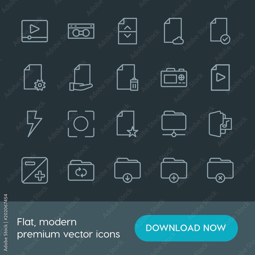 Poster modern simple set of folder, video, photos, files vector outline icons. contains such icons as check