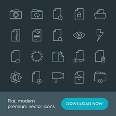 Modern Simple Set of folder, video, photos, files Vector outline Icons. Contains such Icons as  sky,  flash,  pocket,  paper,  photo,  retro and more on dark background. Fully Editable. Pixel Perfect.