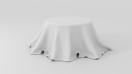 3d illustration of Round table covered with white fabric isolated on white background 