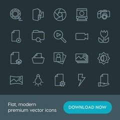 Modern Simple Set of folder, video, photos, files Vector outline Icons. Contains such Icons as  dslr,  flash,  panoramic,  camera,  nature and more on dark background. Fully Editable. Pixel Perfect.
