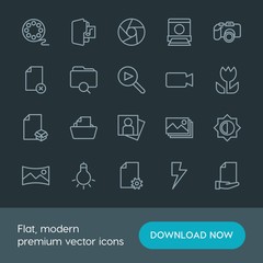 Modern Simple Set of folder, video, photos, files Vector outline Icons. Contains such Icons as  dslr,  flash,  panoramic,  camera,  nature and more on dark background. Fully Editable. Pixel Perfect.