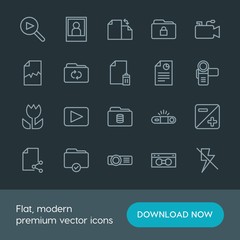 Modern Simple Set of folder, video, photos, files Vector outline Icons. Contains such Icons as  rotation,  off,  game, portrait,  lens, file and more on dark background. Fully Editable. Pixel Perfect.