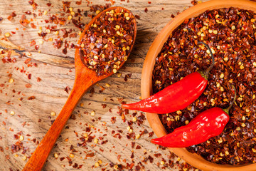 red pepper or cayenne pepper crushed with flakes scattered 