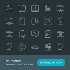 Modern Simple Set of folder, video, photos, files Vector outline Icons. Contains such Icons as  information,  folder,  block,  caption,  old and more on dark background. Fully Editable. Pixel Perfect.