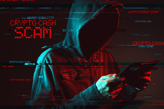Crypto cash concept with faceless hooded male person