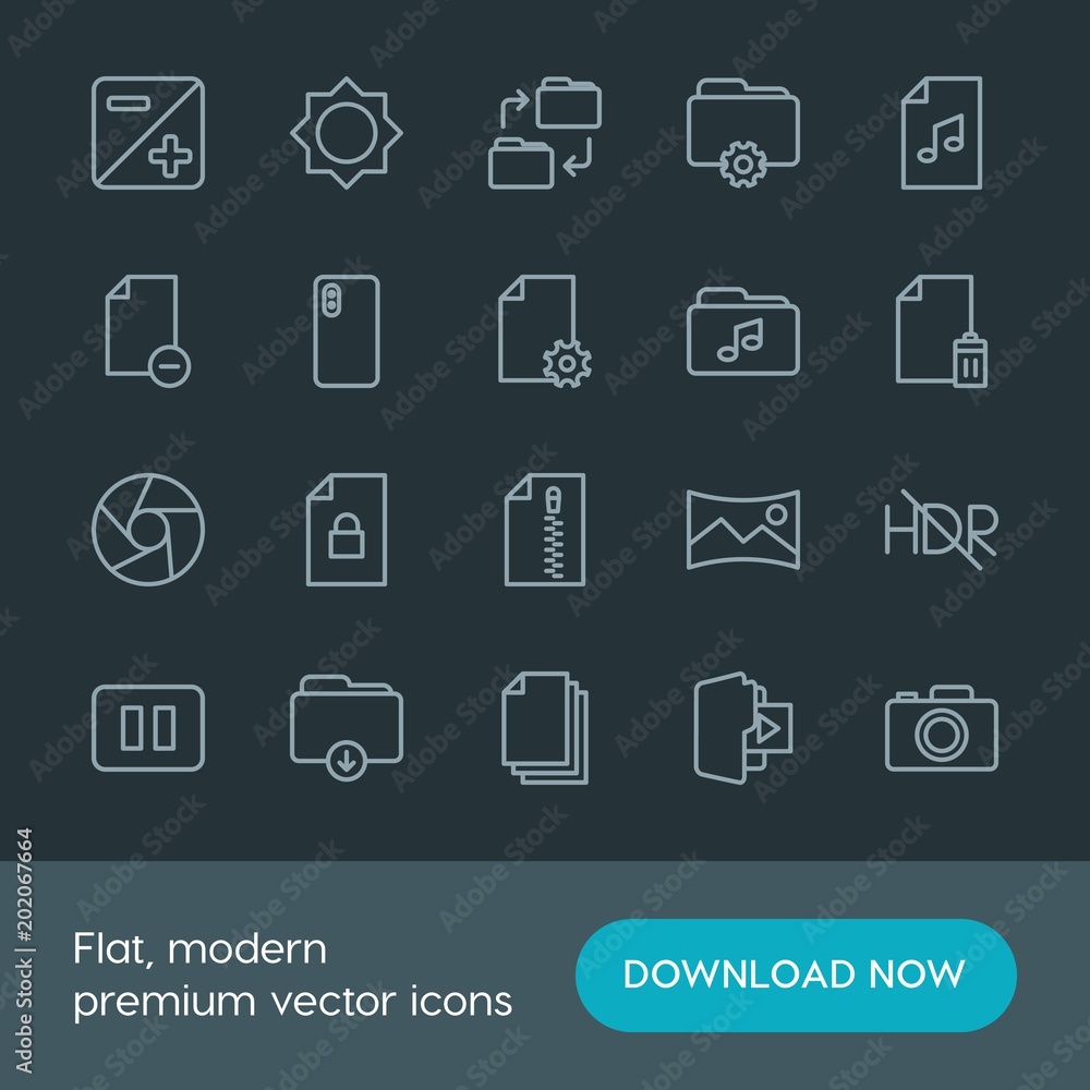 Poster modern simple set of folder, video, photos, files vector outline icons. contains such icons as folde