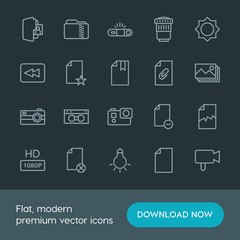 Modern Simple Set of folder, video, photos, files Vector outline Icons. Contains such Icons as  symbol,  lightbulb,  camera,  document,  zip and more on dark background. Fully Editable. Pixel Perfect.