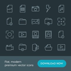 Modern Simple Set of folder, video, photos, files Vector outline Icons. Contains such Icons as  corrupt,  television,  cinema, music,  film and more on dark background. Fully Editable. Pixel Perfect.