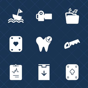 Premium set with fill icons. Such as cardiology, black, digital, equipment, photo, game, sailboat, health, format, music, boat, document, dentistry, casino, file, dentist, sail, saw, lens, camera, sea