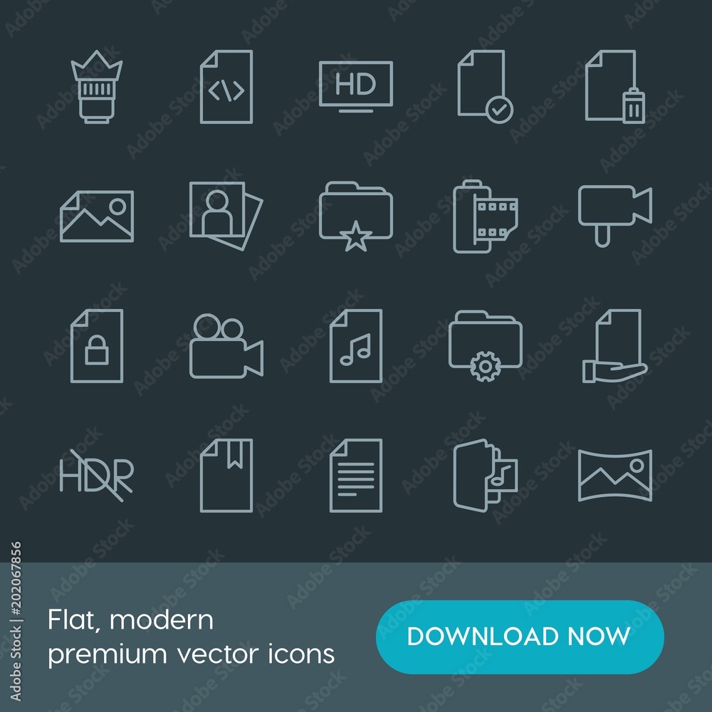 Poster modern simple set of folder, video, photos, files vector outline icons. contains such icons as panor