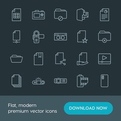 Modern Simple Set of folder, video, photos, files Vector outline Icons. Contains such Icons as internet,  file,  dslr,  icon,  storage,  old and more on dark background. Fully Editable. Pixel Perfect.