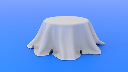 3d illustration of Round table covered with white fabric isolated on blue background 