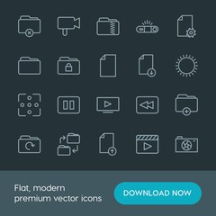 Modern Simple Set of folder, video, photos, files Vector outline Icons. Contains such Icons as  concept,  white,  update,  video,  pause and more on dark background. Fully Editable. Pixel Perfect.