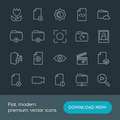 Modern Simple Set of folder, video, photos, files Vector outline Icons. Contains such Icons as add,  office,  internet,  production,  code and more on dark background. Fully Editable. Pixel Perfect.